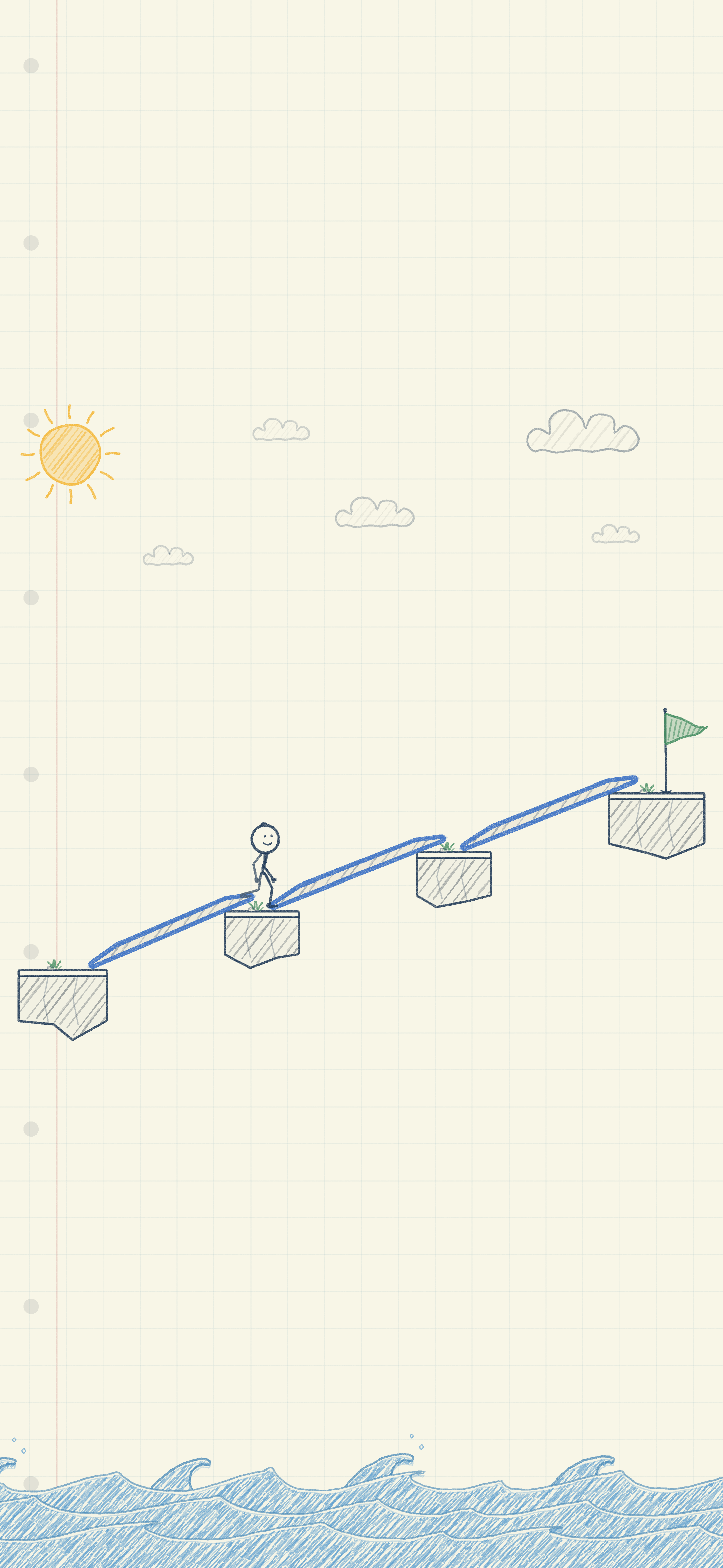 The doodle hero crosses three player-drawn bridges toward a green flag.