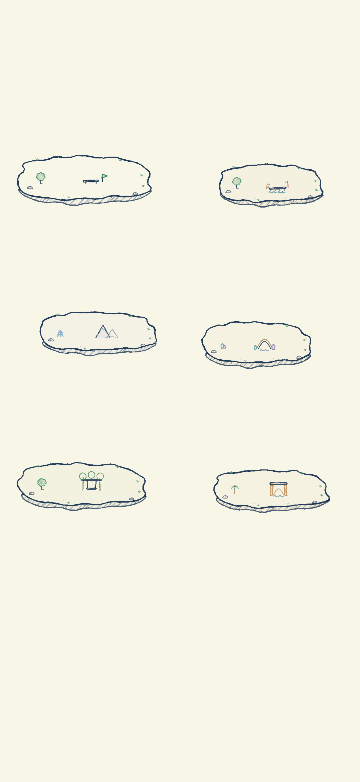 Pencil-drawn artwork of the six islands.